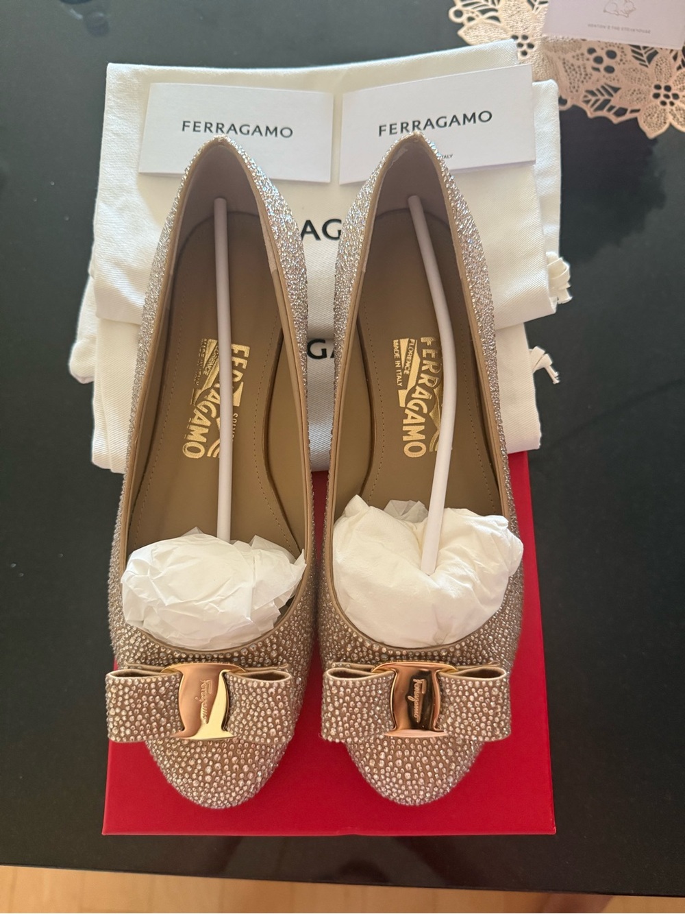 Salvatore Ferragamo Varina Crystal Rhinestone Bow Flats in Gold